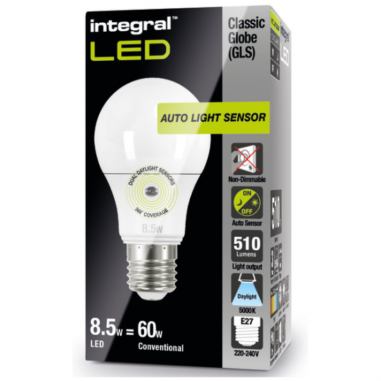 Integral LED GLS 8W Warm White BC Dusk To Dawn Sensor Light bulb