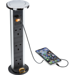 Knightsbridge SK9909PC IP54 3G Pop Up Socket with Dual Fast Charge USB A C Polished chrome Cap