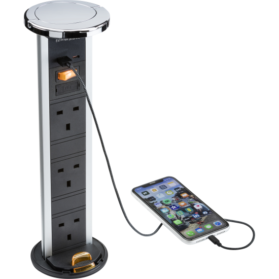 Knightsbridge SK9909PC IP54 3G Pop Up Socket with Dual Fast Charge USB A C Polished chrome Cap