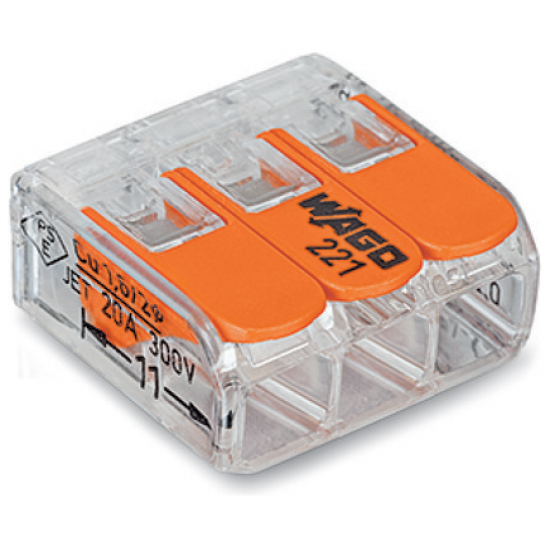 Wago 221-413 Compact 3 Way Lever 4mm Max Connector